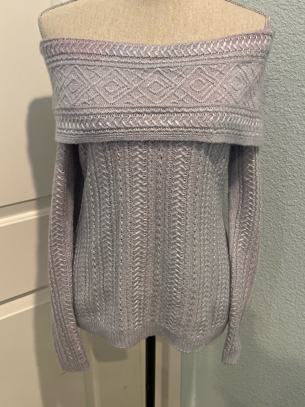 White House Black Market Ombré Lilac Off-the-Shoulder Cable Knit Sweater